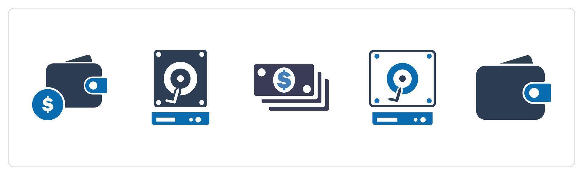 A set of 5 Mix icons as money wallet, hard drive, cash vector