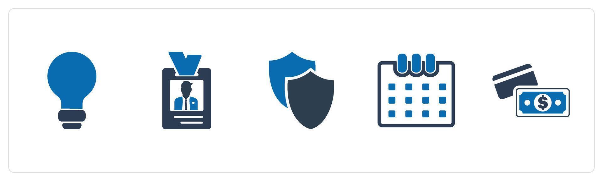 A set of 5 Mix icons as idea bulb, id card, security shield vector