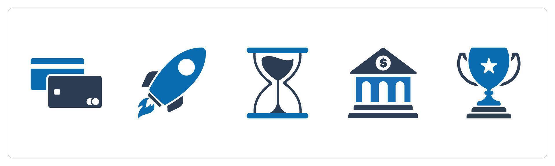 A set of 5 Mix icons as debit card, rocket, hourglass vector