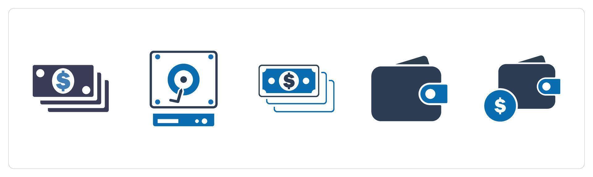 A set of 5 Mix icons as cash, hard drive, currency vector
