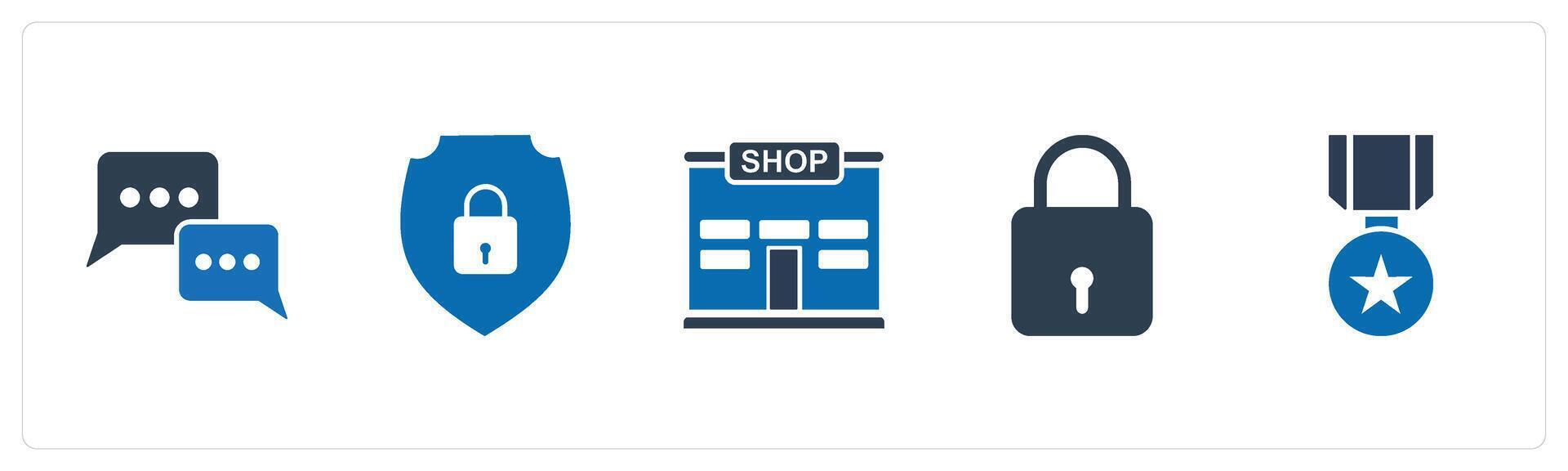A set of 5 Mix icons as chat, security lock, shop vector