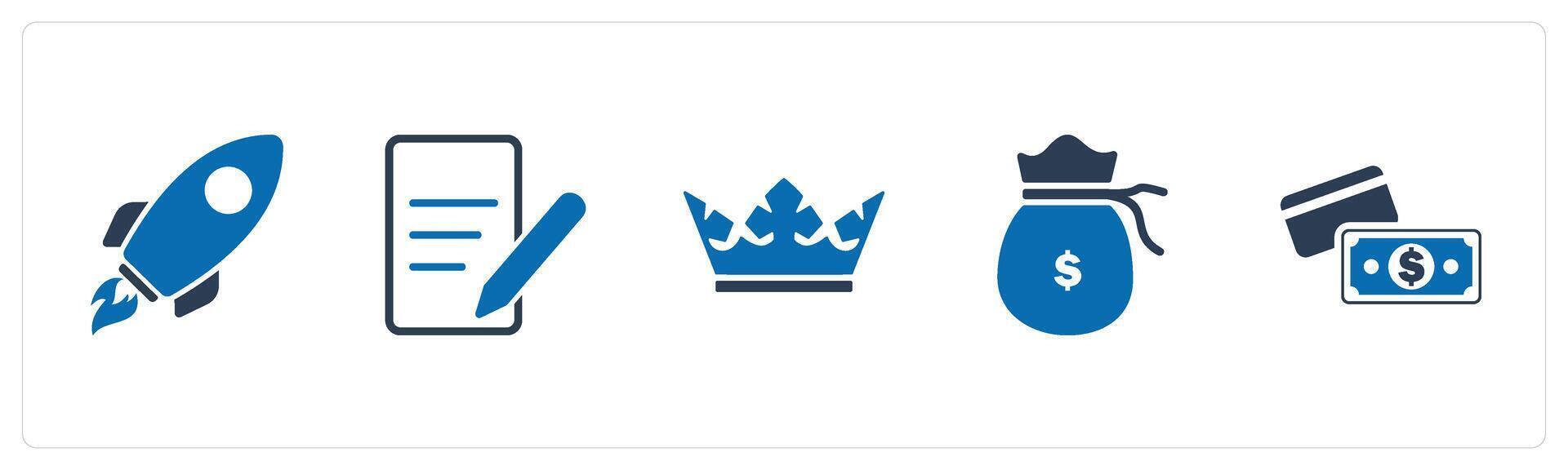 A set of 5 Mix icons as rocket, edit document, prince crown vector