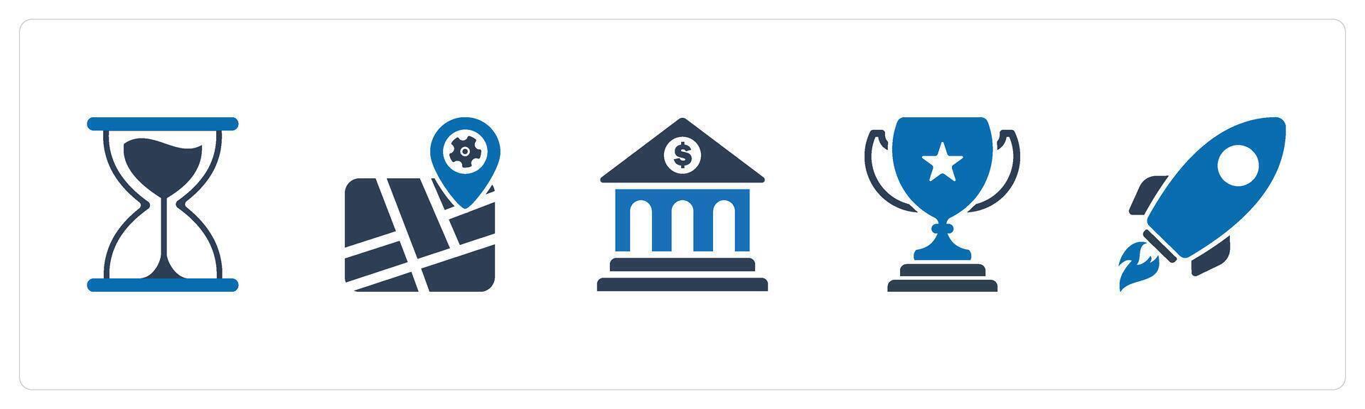 A set of 5 Mix icons as hourglass, setting map, bank vector