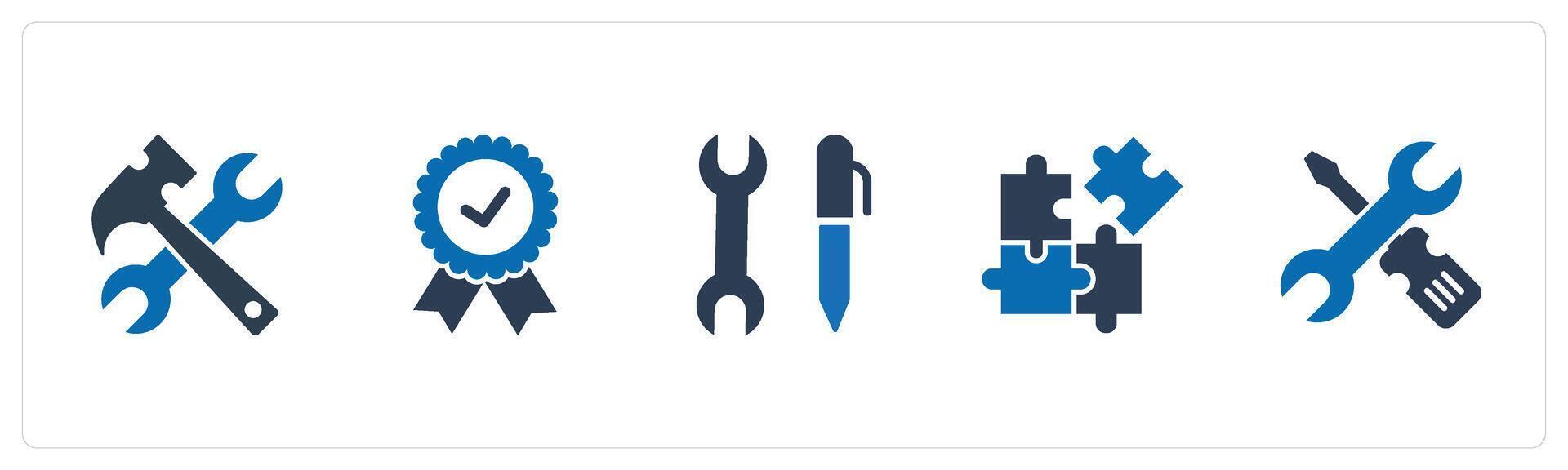 A set of 5 Mix icons as hand tool, badge, puzzle vector