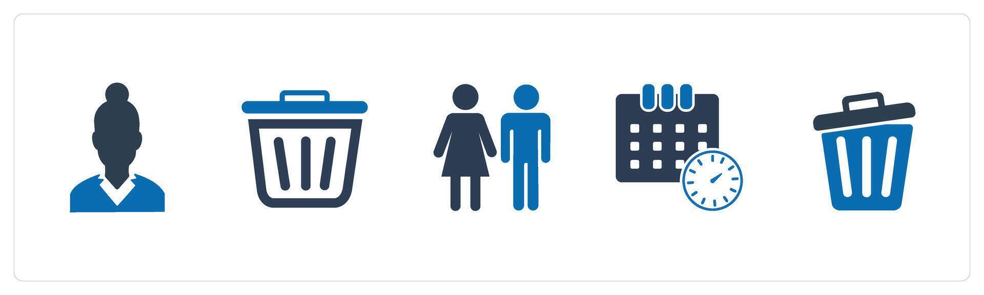 A set of 5 Mix icons as lady with bun, trash, man woman vector