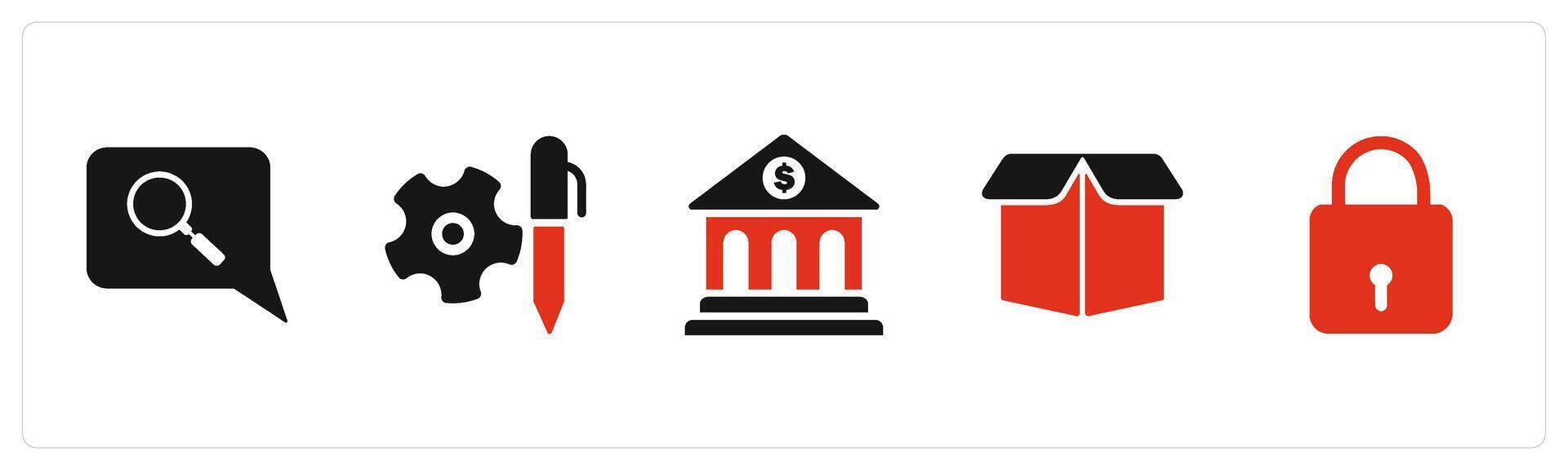 A set of 5 Business icons as search message, edit settings, financial institution vector