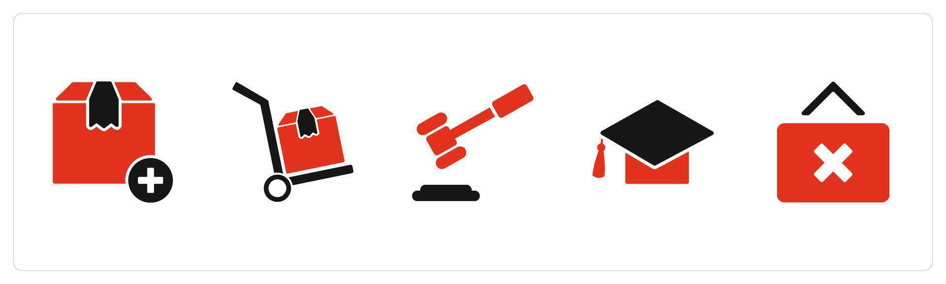 A set of 5 Business icons as add product, luggage trolley, law vector