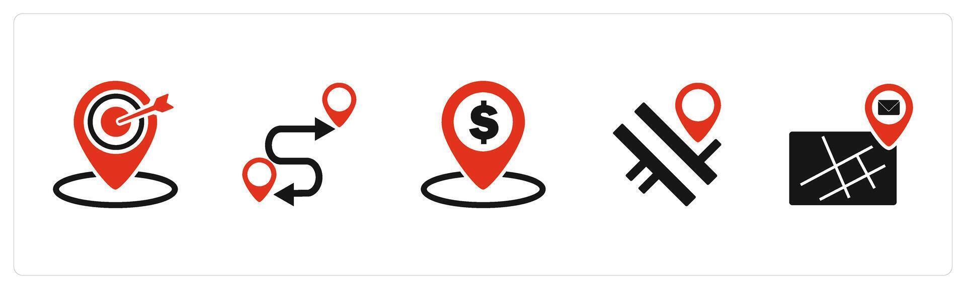 A set of 5 Business icons as target location, route map, bank location vector