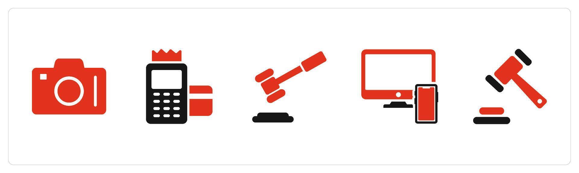 A set of 5 Business icons as dslr, card swipe machine, law vector