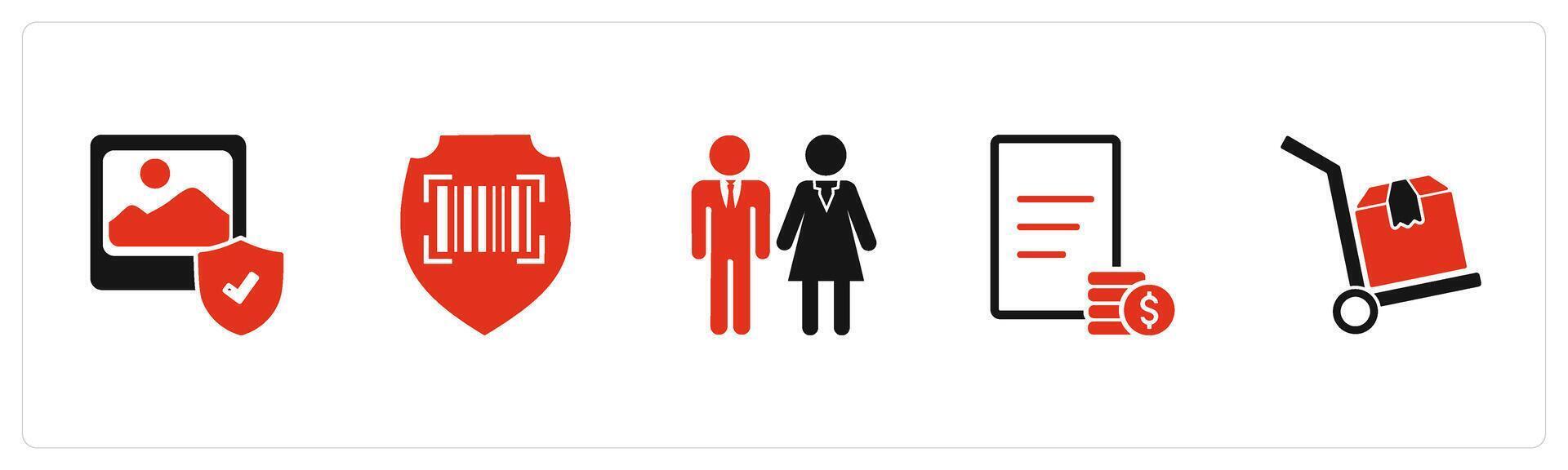 A set of 5 Business icons as gallery security, bar code security, male female vector