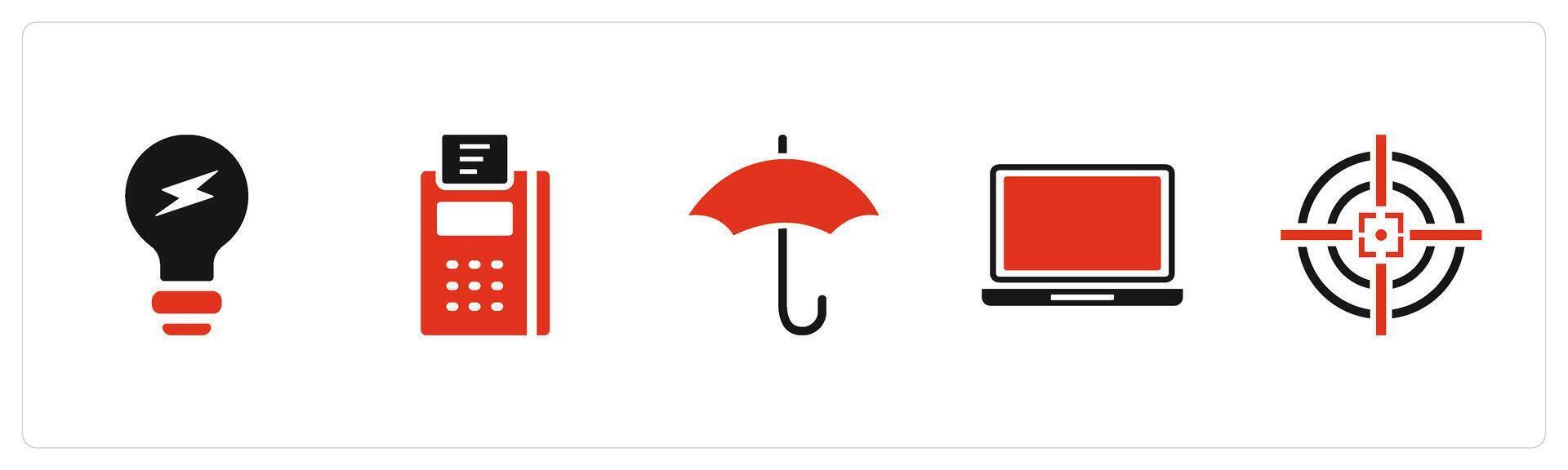 A set of 5 Business icons as idea bulb, card swipe machine, umbrella vector