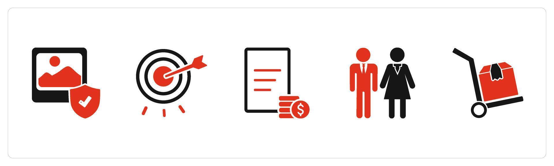 A set of 5 Business icons as gallery security, target dartboard, invoice vector