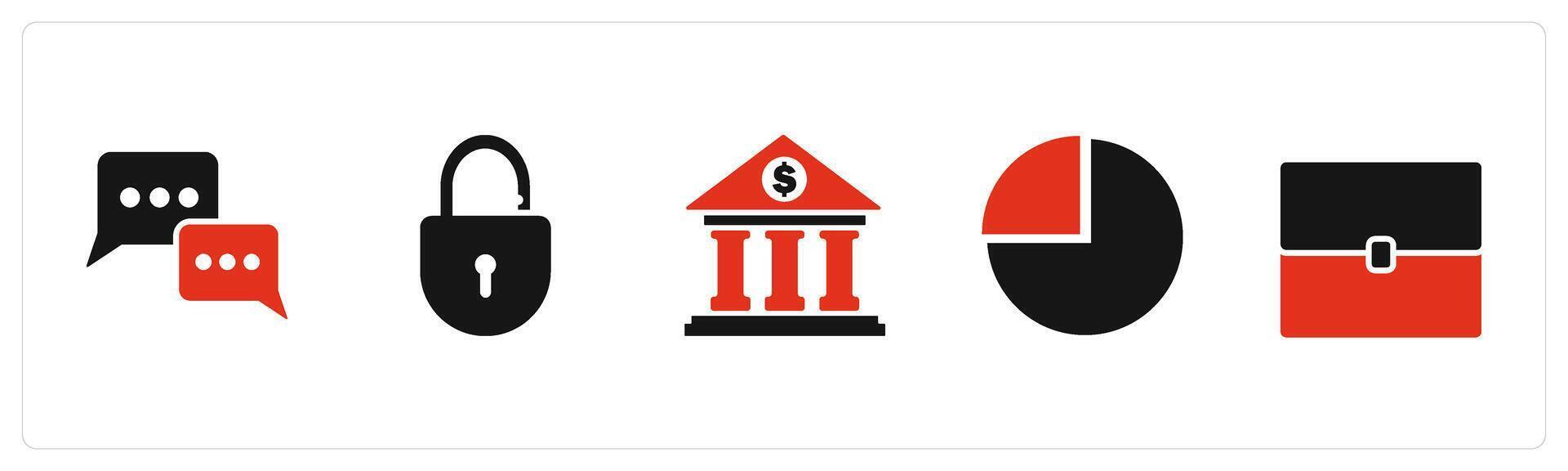 A set of 5 Business icons as chat, open lock, bank, vector