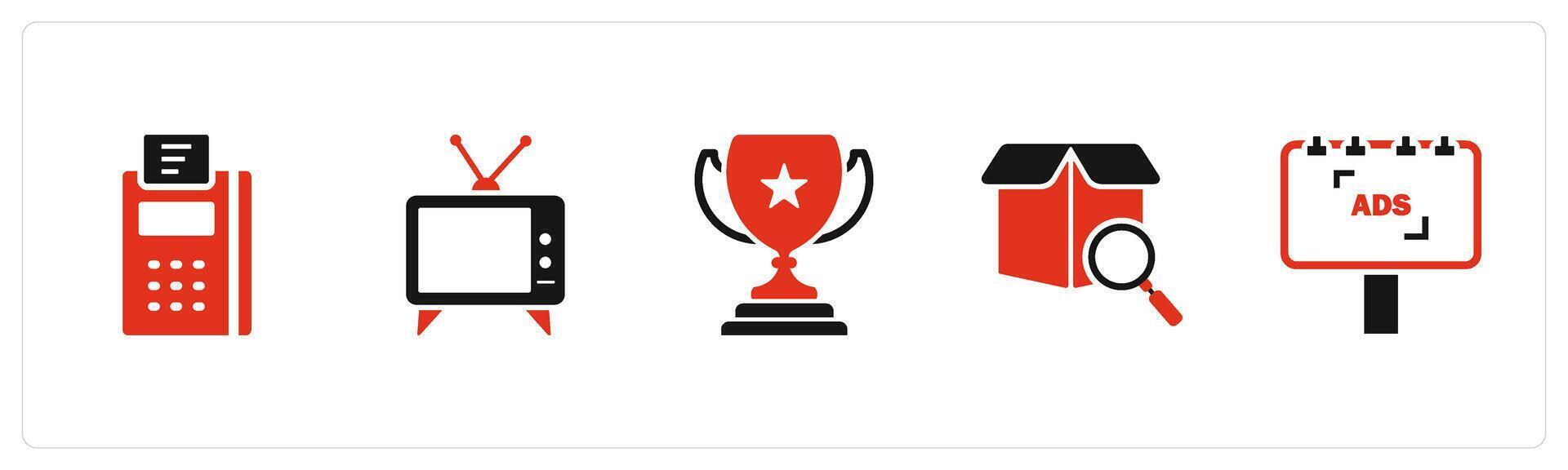 A set of 5 Business icons as card swipe machine, tv, trophy cup vector