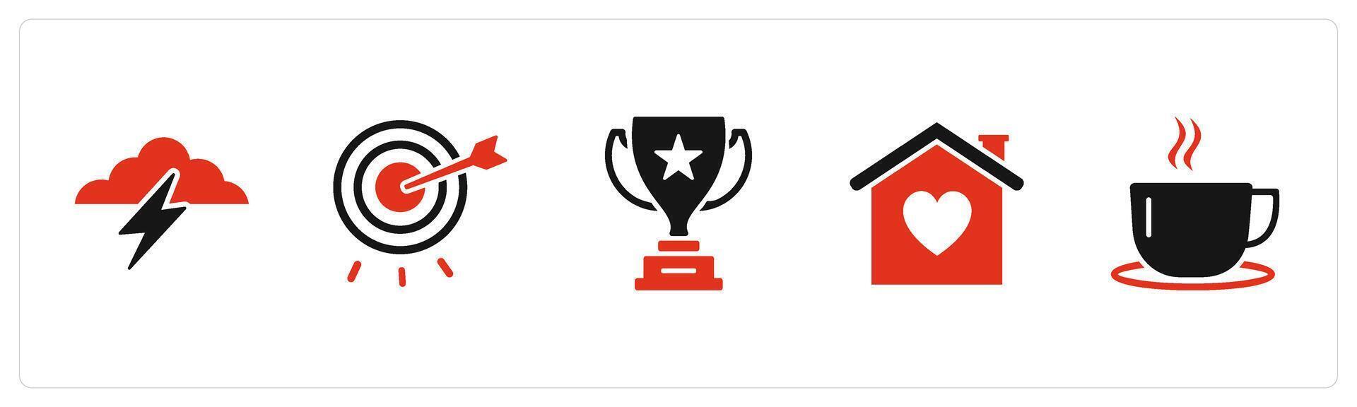 A set of 5 Business icons as cloud lightning, target dashboard, winning trophy cup vector