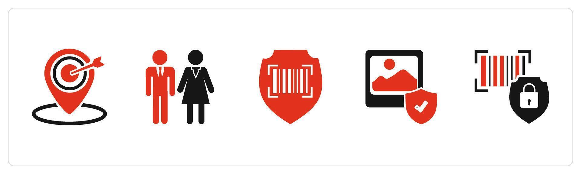 A set of 5 Business icons as target location, male female, bar code security vector