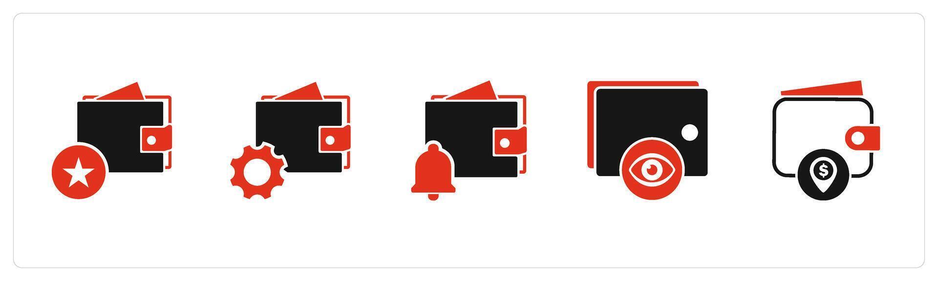 A set of 5 Business icon as favorite wallet, wallet settings, wallet notification vector