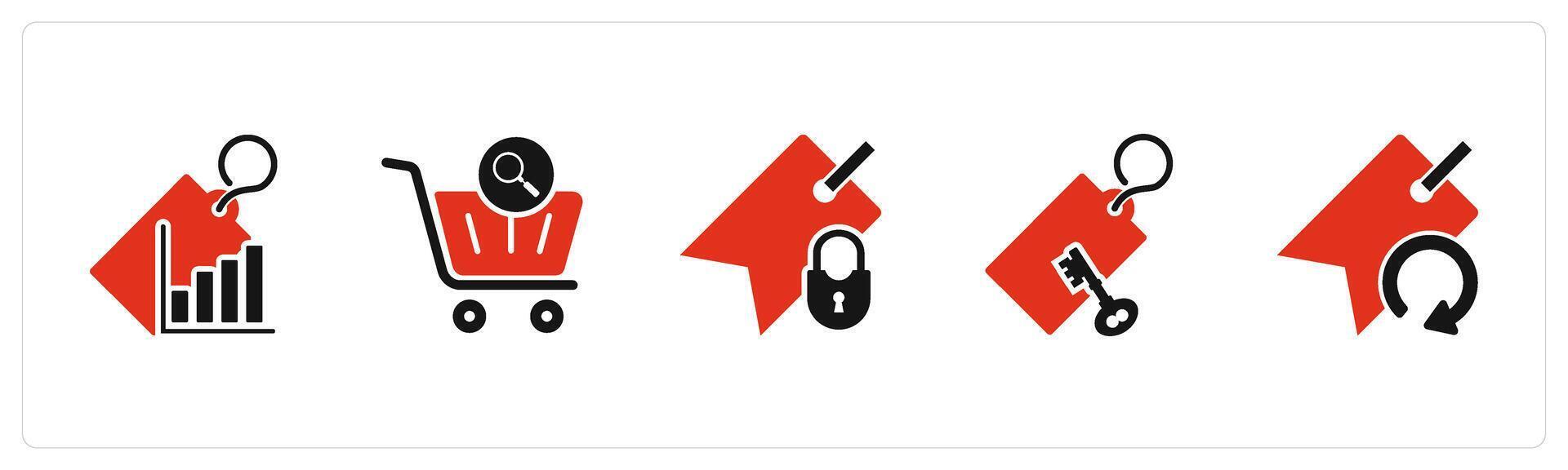 A set of 5 Business icon as revenue tag, cart search, tag security vector