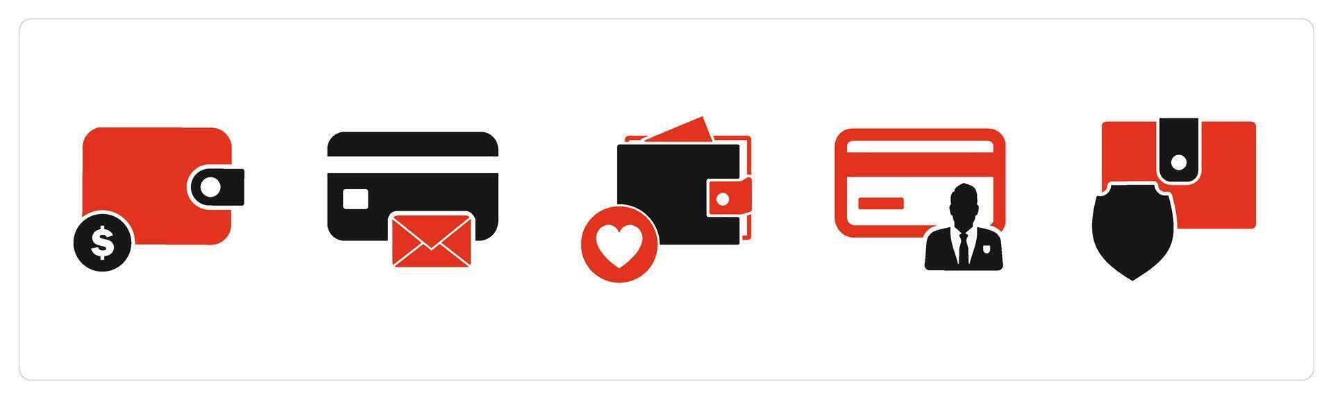 A set of 5 Business icons as wallet, card message, favorite wallet vector