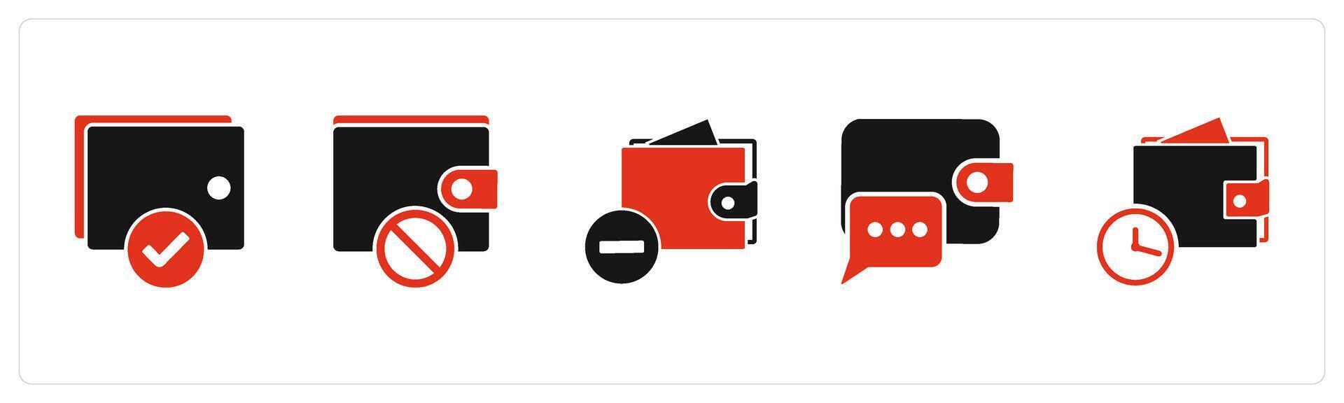 A set of 5 Business icons as approve wallet, wallet prohibited, remove wallet vector