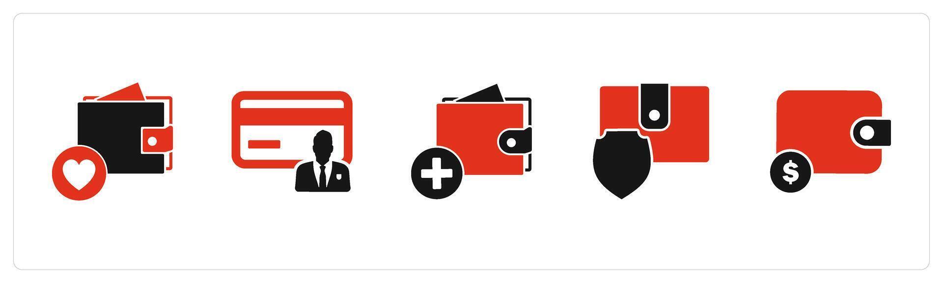 A set of 5 Business icons as favorite wallet, card owner, add to wallet vector