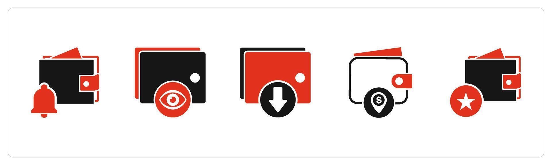A set of 5 Business icons as wallet notofication, view wallet, download wallet vector