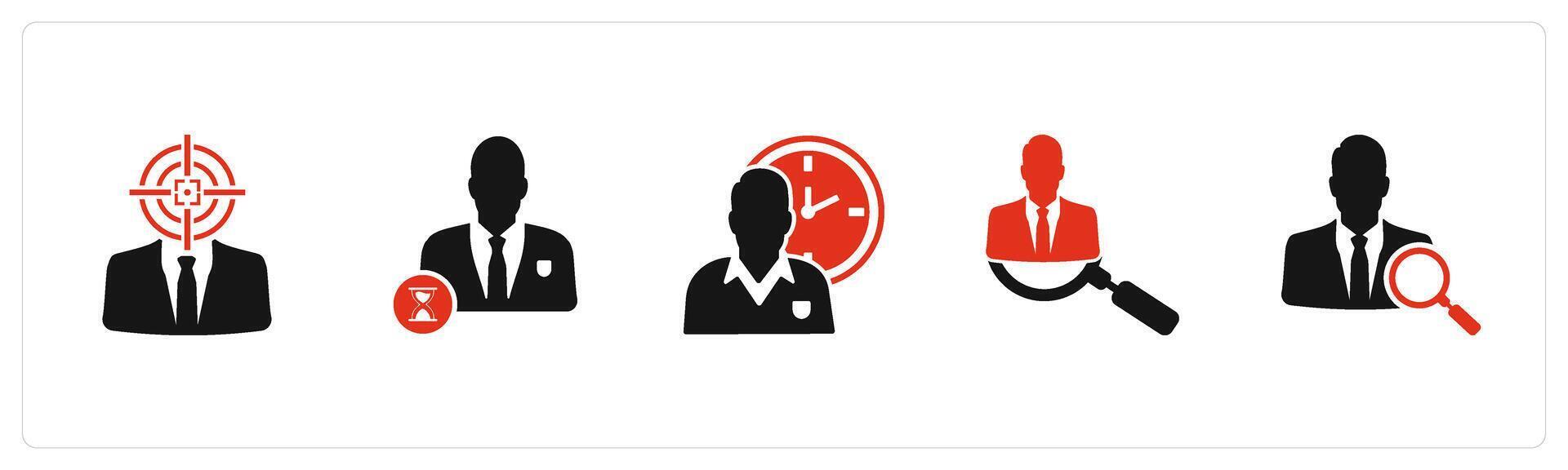 A set of 5 business icons as business target, time management, search employee vector