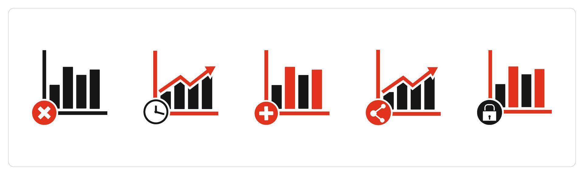 A set of 5 business icons as wrong growth, growth time, add graph vector