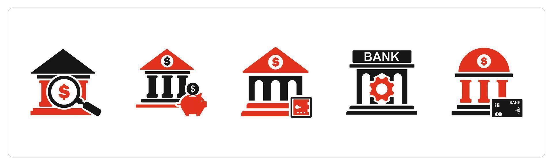 A set of 5 business icons as search bank, bank savings, bank locker, vector