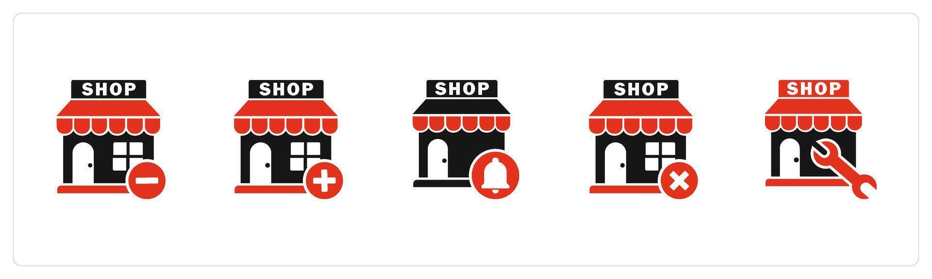 A set of 5 business icons as remove store, add store, store notification vector