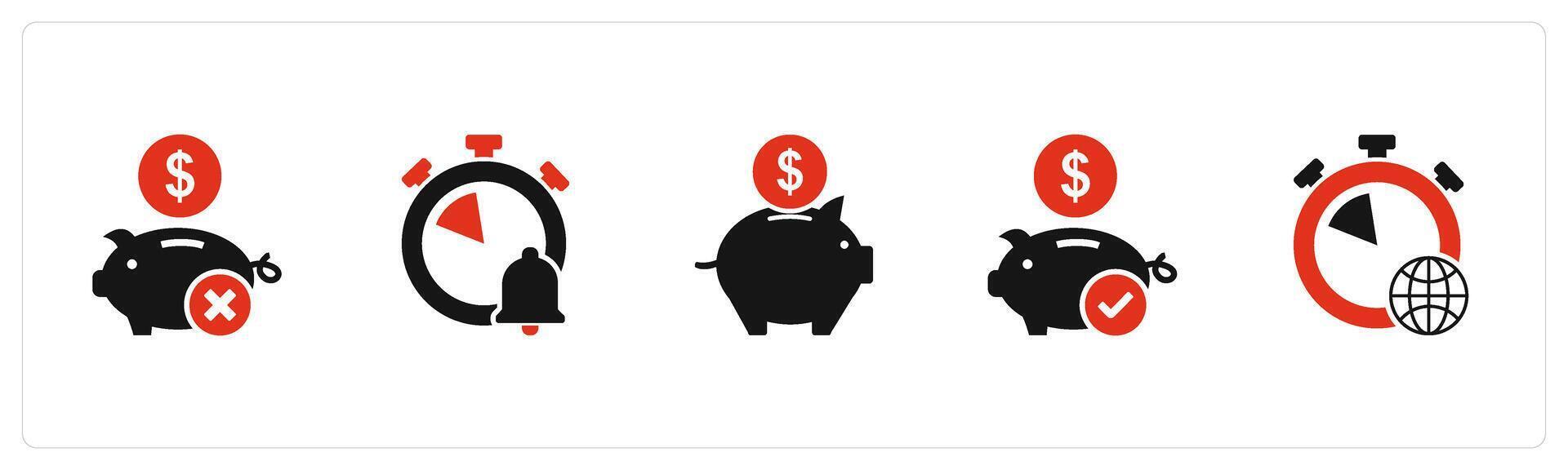 A set of 5 business icons as remove savings, time notification, piggy bank vector