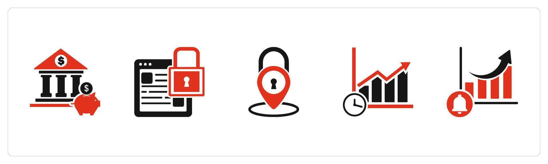 A set of 5 business icons as bank savings, webpage security, location security vector