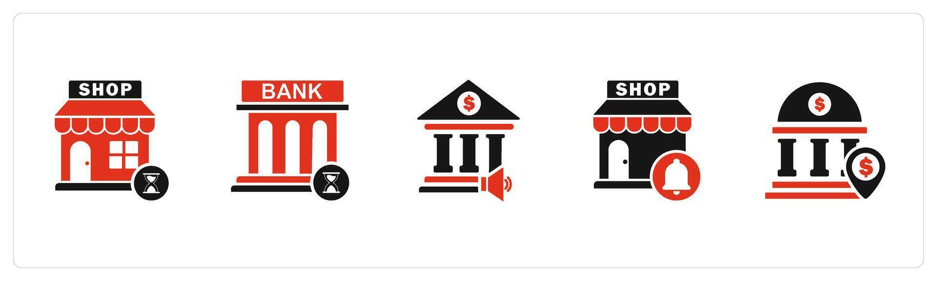 A set of 5 business icons as shopping time, bank time, bank speaker vector