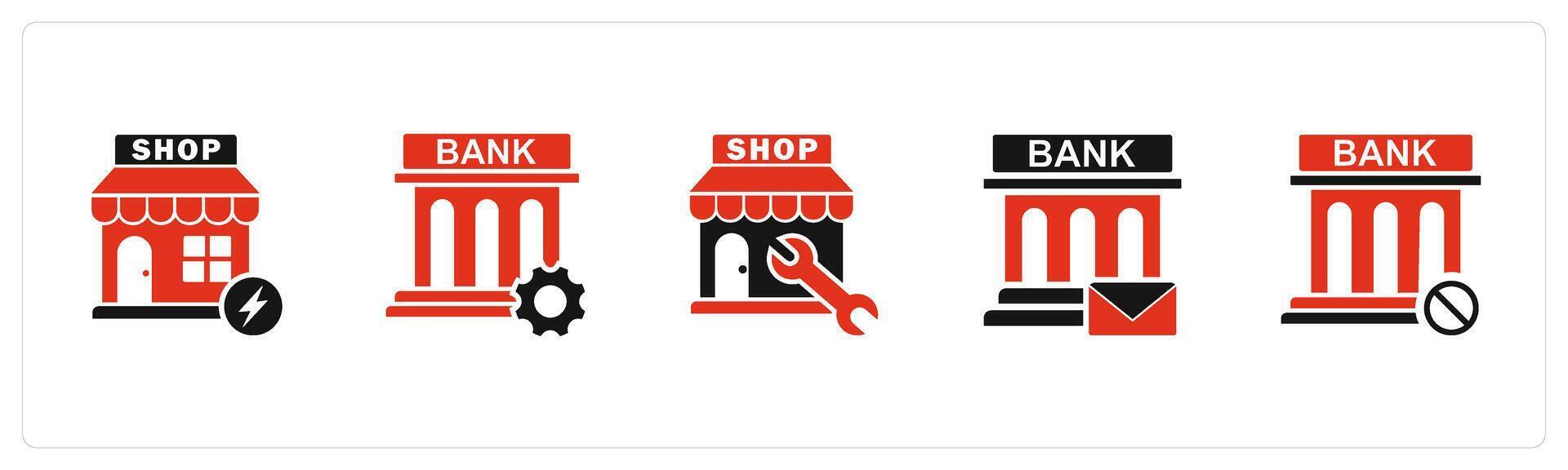 A set of 5 business icons as fast shopping, bank renovate, store repair vector