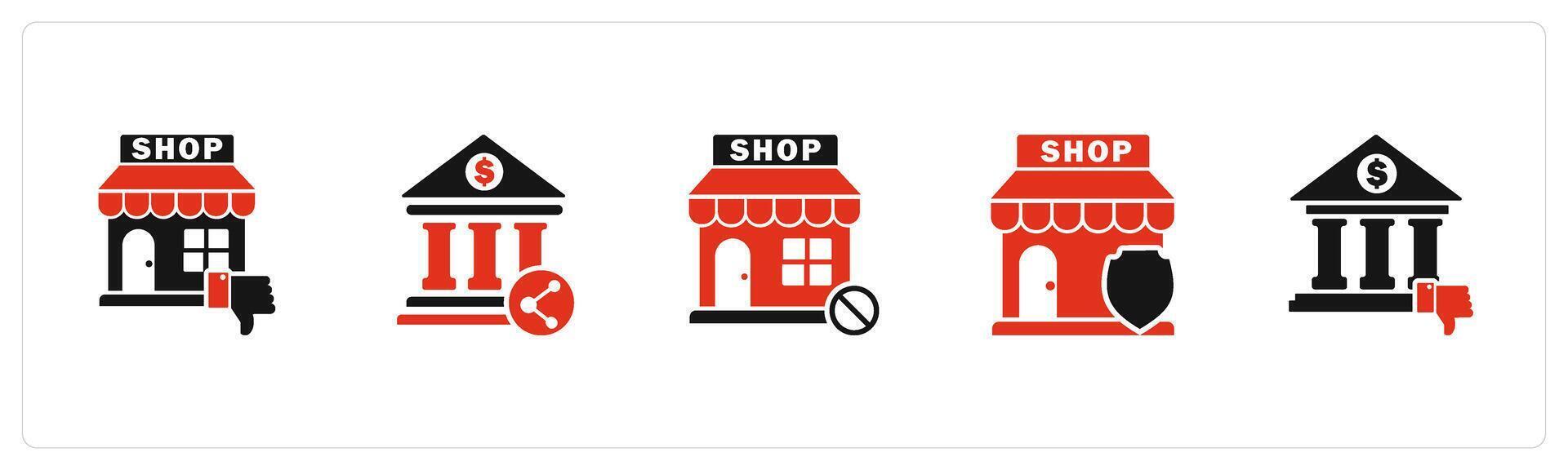 A set of 5 business icons as dislike store, bank share, prohibited shopping vector