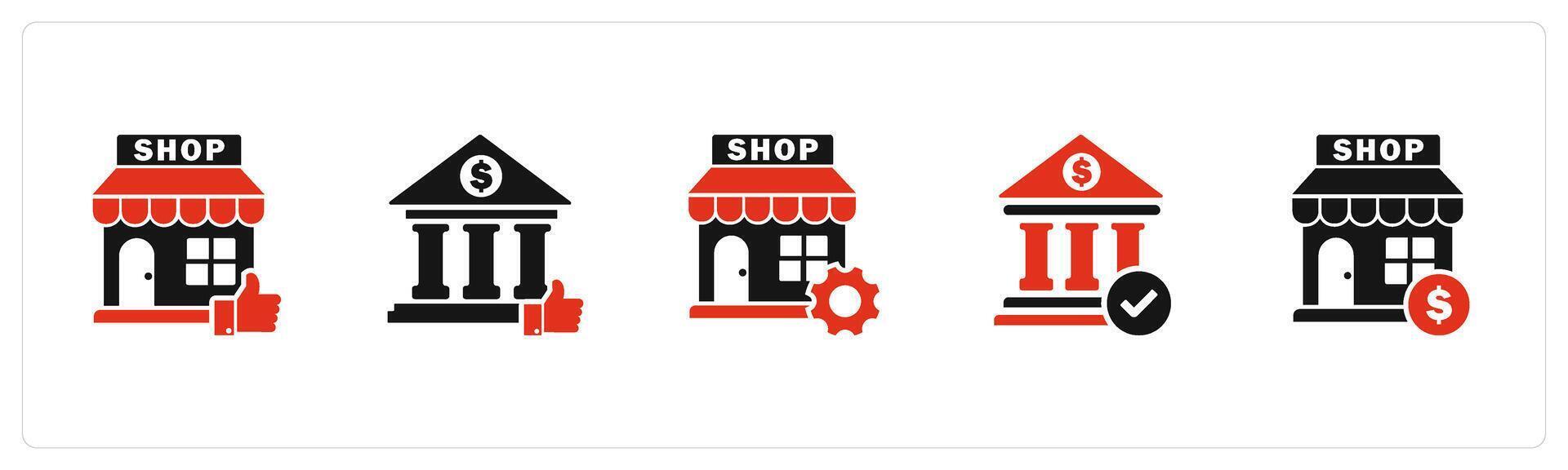 A set of 5 business icons as like store, like bank, store renovation vector