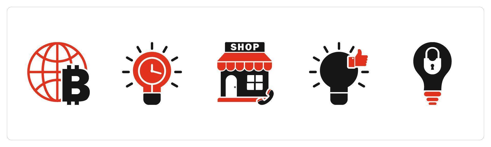A set of 5 business icons as global currency, time management, calling store vector