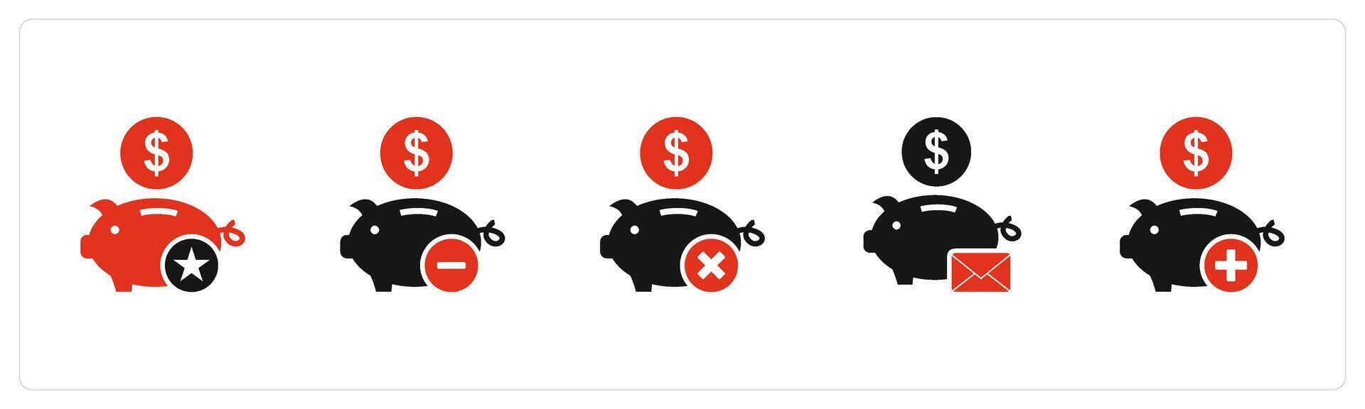A set of 5 business icons as favorite piggy bank, remove savings, savings message vector