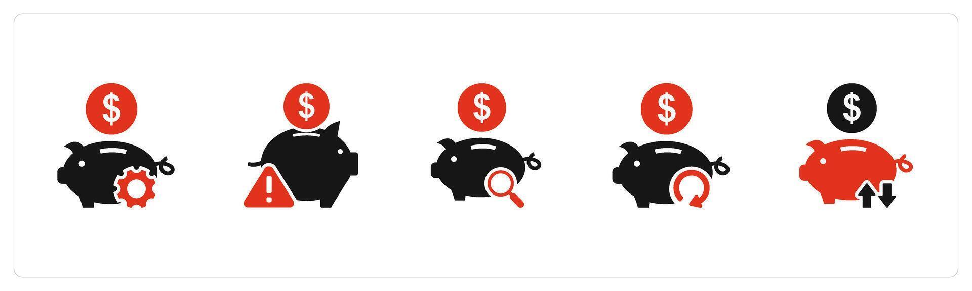 A set of 5 business icons as bank setting, bank maintenance, search savings vector
