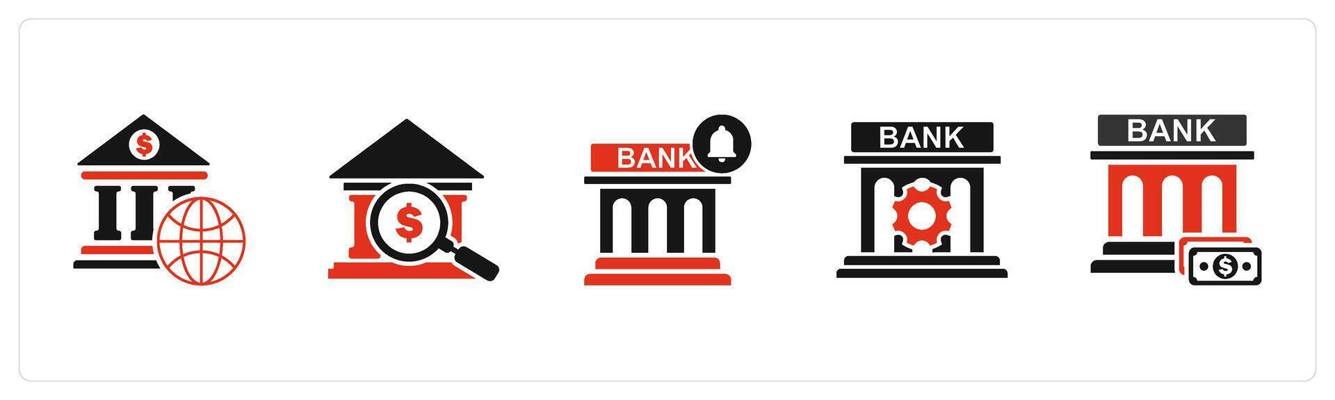 A set of 5 business icons as global banking, search bank, bank notification vector