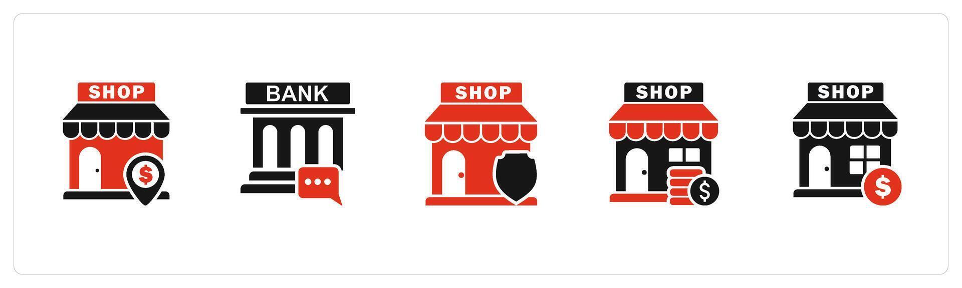 A set of 5 business icons as revenue store, bank message, store security vector