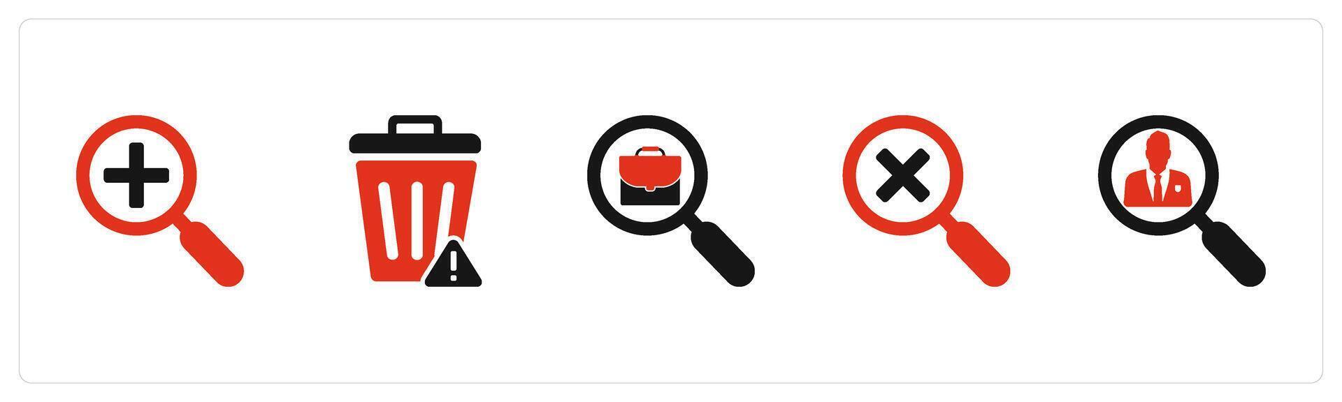 A set of 5 business icons as zoom in, trash bin, search portfolio vector