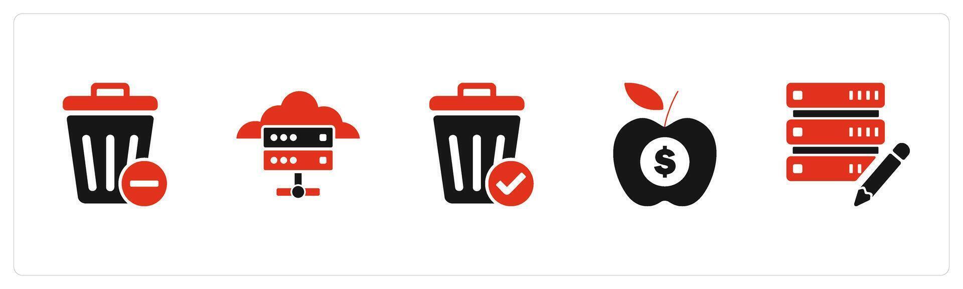 A set of 5 business icons as recycle bin, cloud server, trash bin vector
