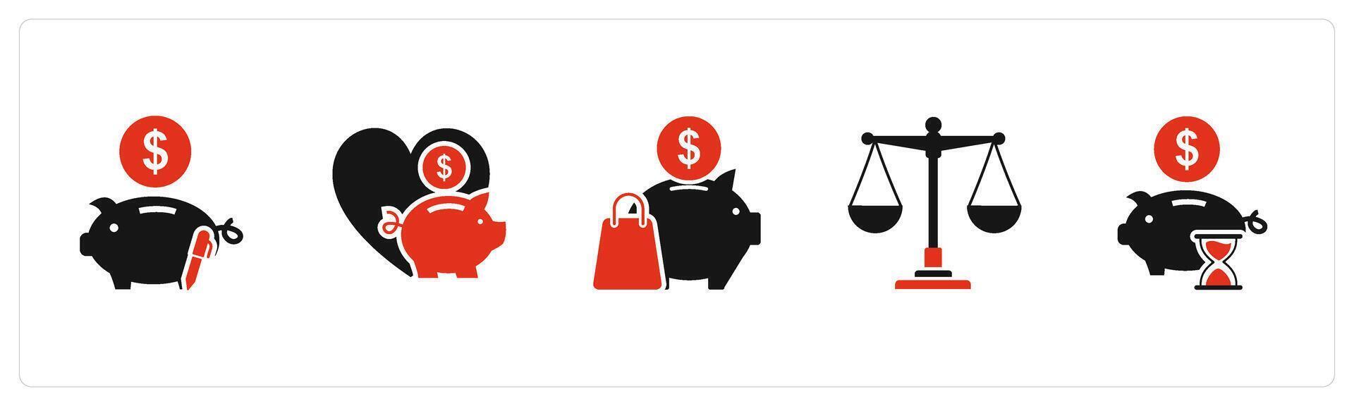 A set of 5 business icons as piggy bank, favorite bank, online shopping vector
