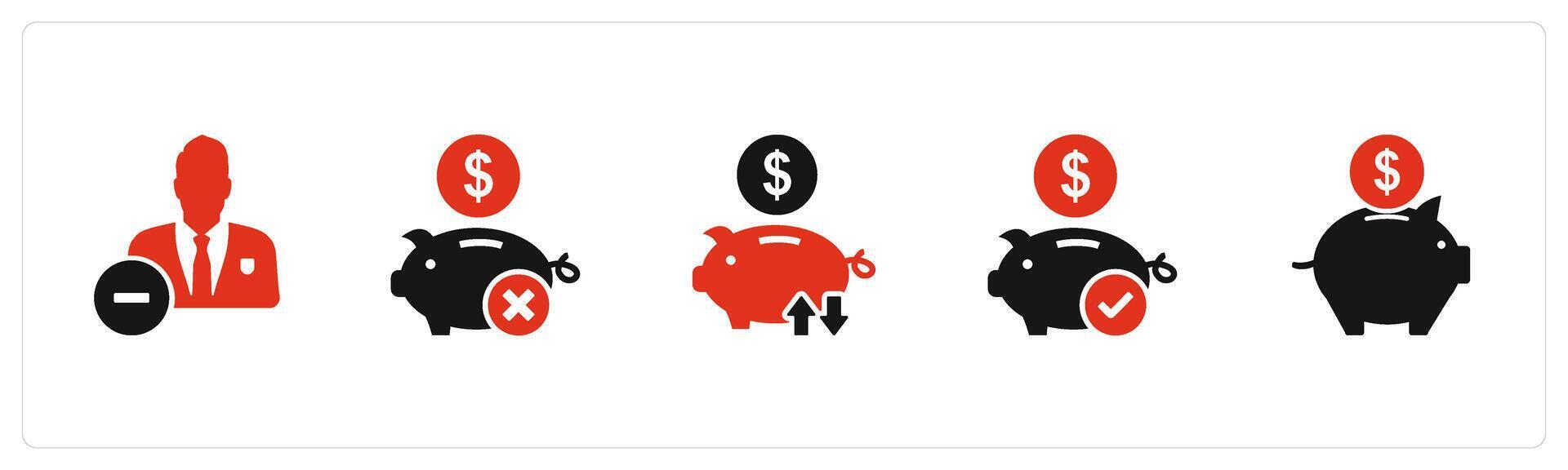 A set of 5 business icons as remove user, remove savings, bank transaction vector