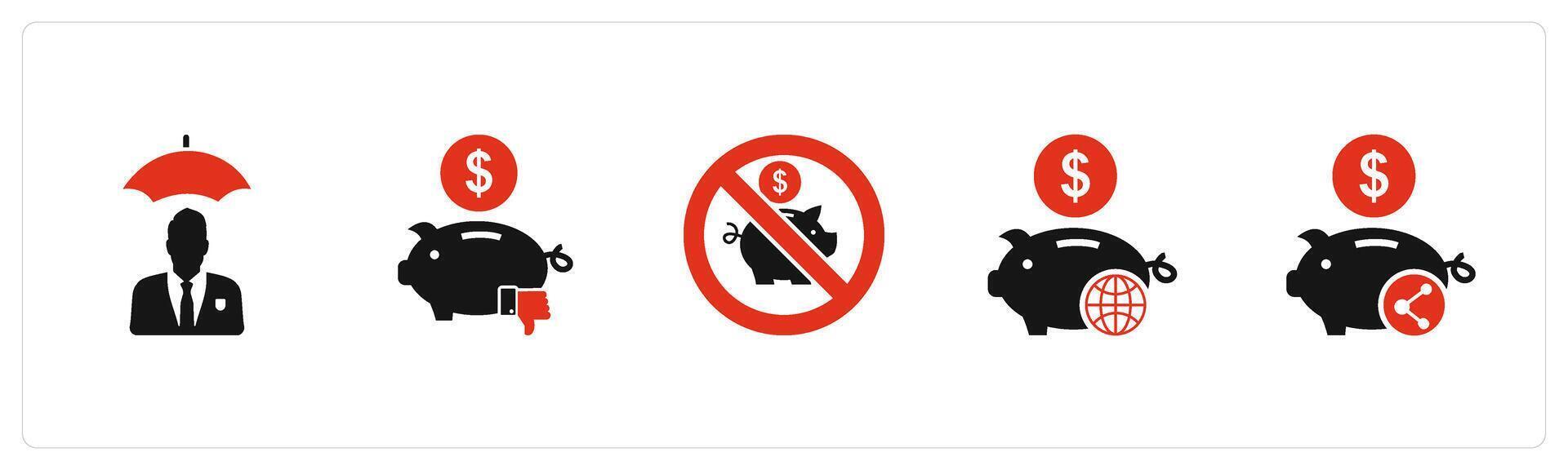 A set of 5 business icons as insurance premium, dislike bank, savings prohibited vector