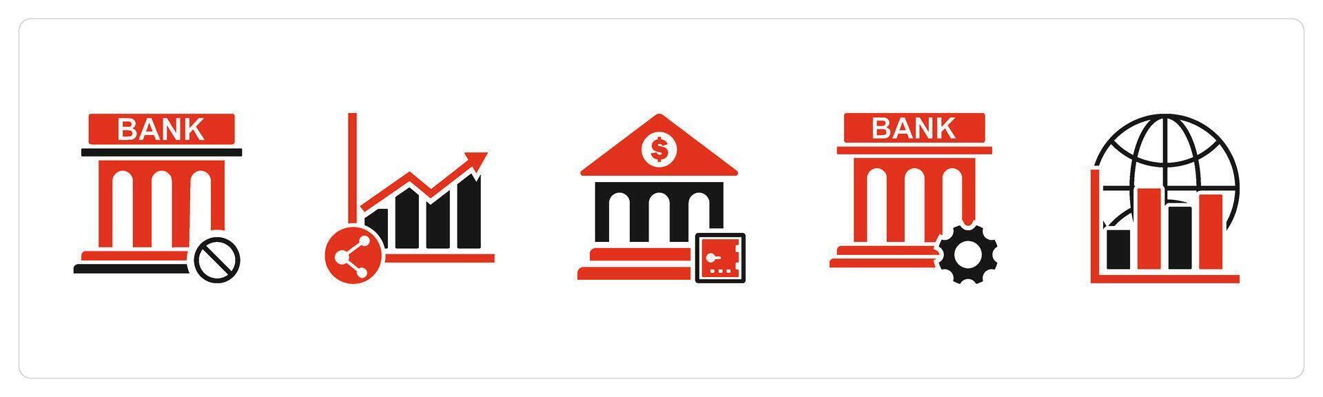 A set of 5 business icons as bank prohibited, share growth, bank locker, vector