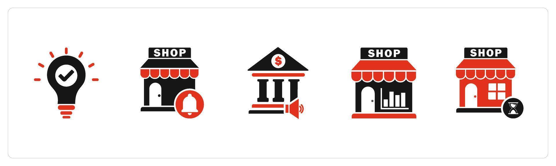 A set of 5 business icons as approve idea, store notification, bank speaker vector