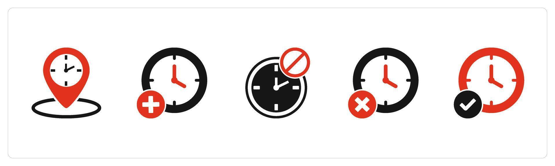 A set of 5 business icons as time location, add time, clock prohibited vector