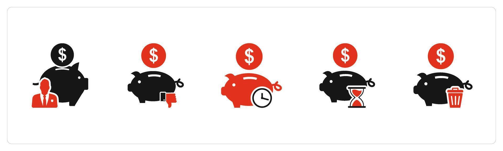 A set of 5 business icons as bank owner, dislike bank, time savings vector